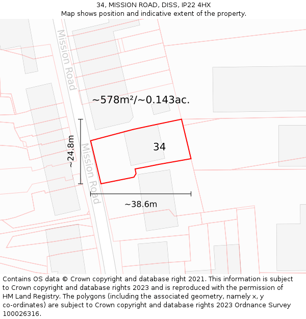 34, MISSION ROAD, DISS, IP22 4HX: Plot and title map