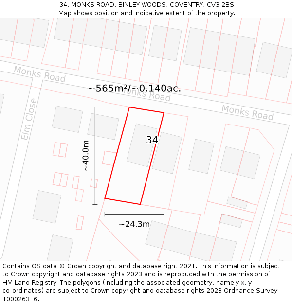 34, MONKS ROAD, BINLEY WOODS, COVENTRY, CV3 2BS: Plot and title map