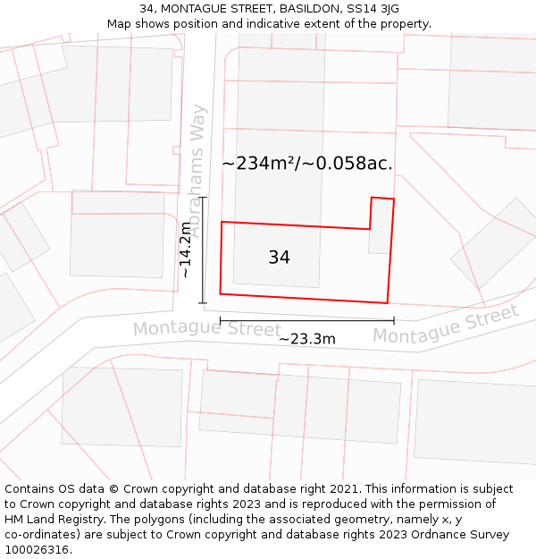 34, MONTAGUE STREET, BASILDON, SS14 3JG: Plot and title map