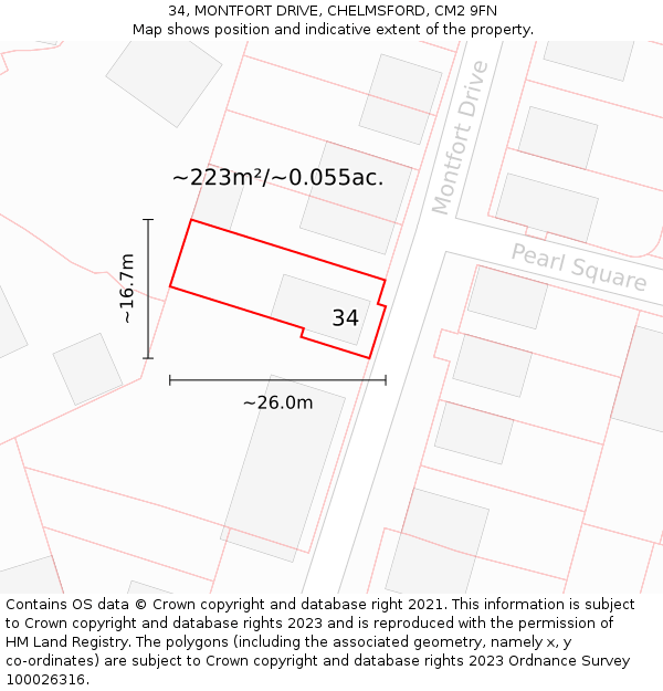 34, MONTFORT DRIVE, CHELMSFORD, CM2 9FN: Plot and title map