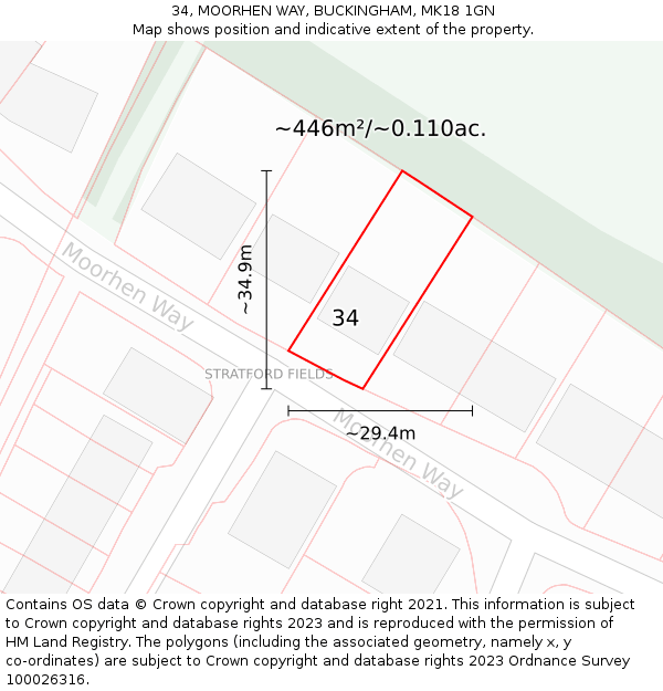 34, MOORHEN WAY, BUCKINGHAM, MK18 1GN: Plot and title map