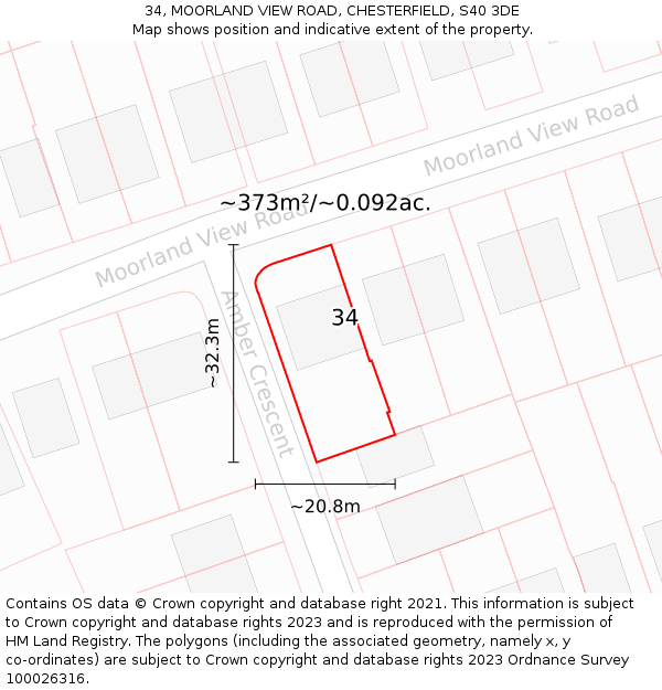 34, MOORLAND VIEW ROAD, CHESTERFIELD, S40 3DE: Plot and title map