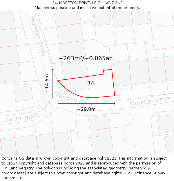 34, MORETON DRIVE, LEIGH, WN7 3NF: Plot and title map