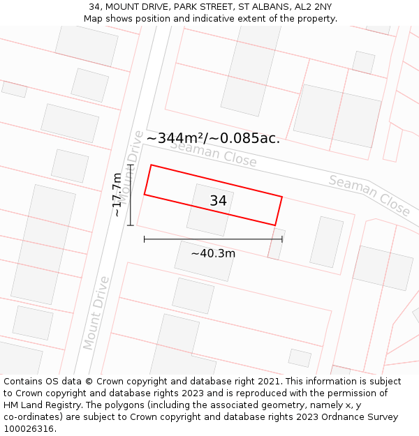 34, MOUNT DRIVE, PARK STREET, ST ALBANS, AL2 2NY: Plot and title map