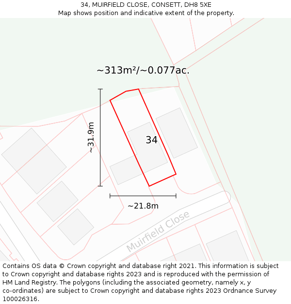 34, MUIRFIELD CLOSE, CONSETT, DH8 5XE: Plot and title map