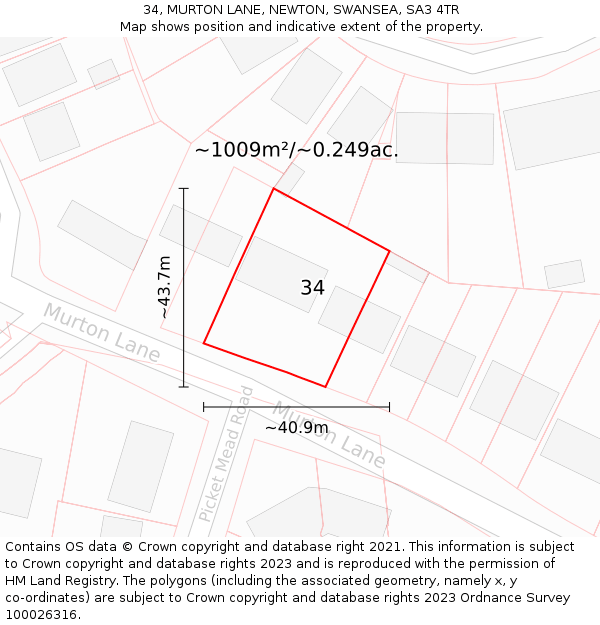 34, MURTON LANE, NEWTON, SWANSEA, SA3 4TR: Plot and title map