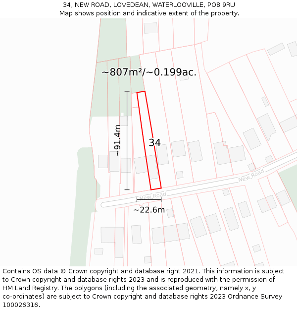 34, NEW ROAD, LOVEDEAN, WATERLOOVILLE, PO8 9RU: Plot and title map