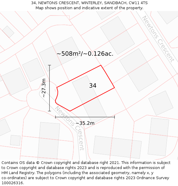 34, NEWTONS CRESCENT, WINTERLEY, SANDBACH, CW11 4TS: Plot and title map