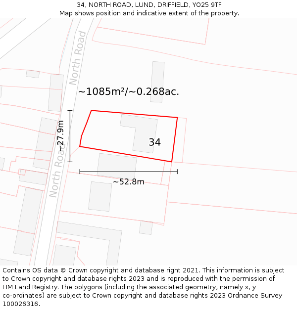 34, NORTH ROAD, LUND, DRIFFIELD, YO25 9TF: Plot and title map