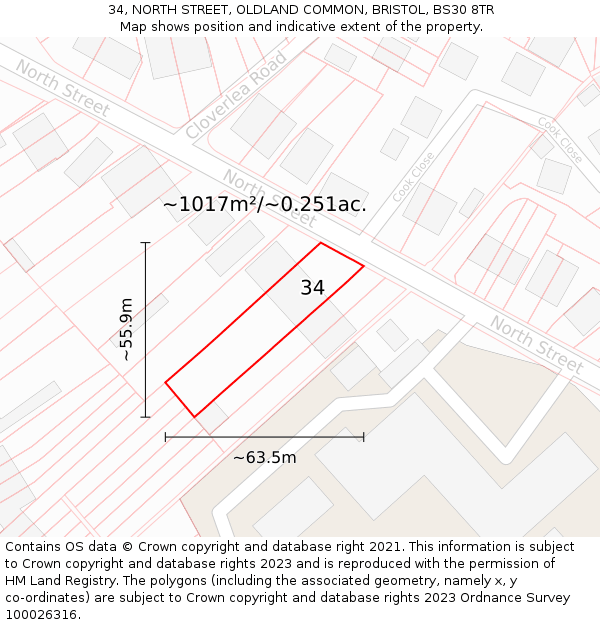 34, NORTH STREET, OLDLAND COMMON, BRISTOL, BS30 8TR: Plot and title map