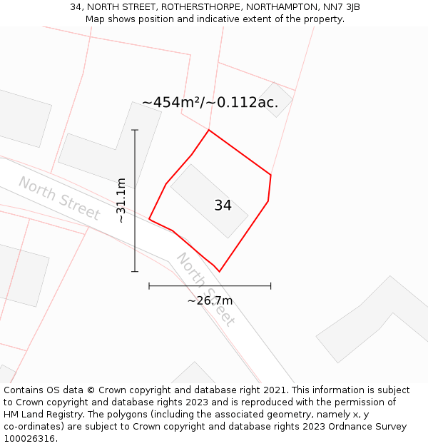 34, NORTH STREET, ROTHERSTHORPE, NORTHAMPTON, NN7 3JB: Plot and title map