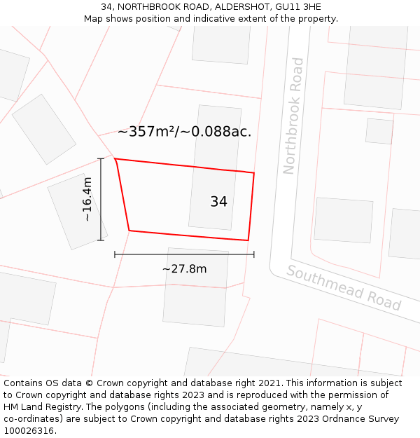 34, NORTHBROOK ROAD, ALDERSHOT, GU11 3HE: Plot and title map