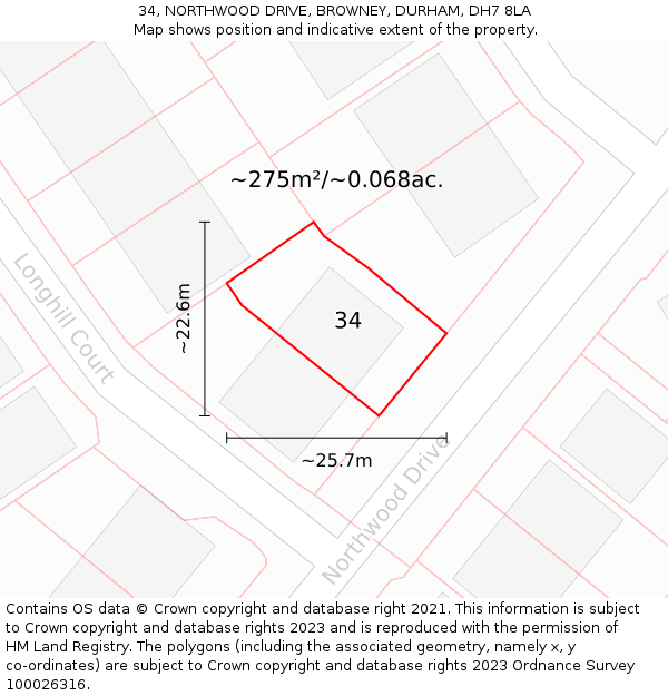 34, NORTHWOOD DRIVE, BROWNEY, DURHAM, DH7 8LA: Plot and title map