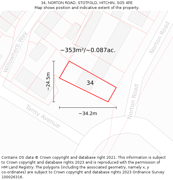 34, NORTON ROAD, STOTFOLD, HITCHIN, SG5 4PE: Plot and title map