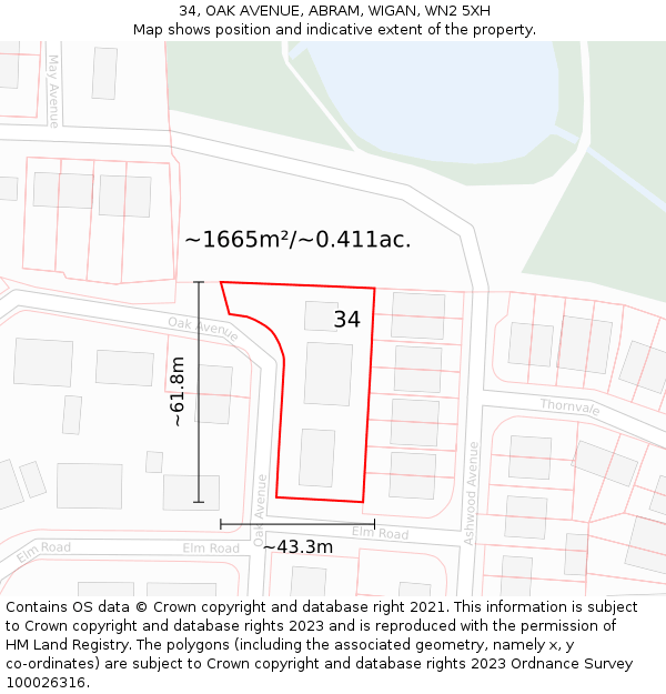 34, OAK AVENUE, ABRAM, WIGAN, WN2 5XH: Plot and title map