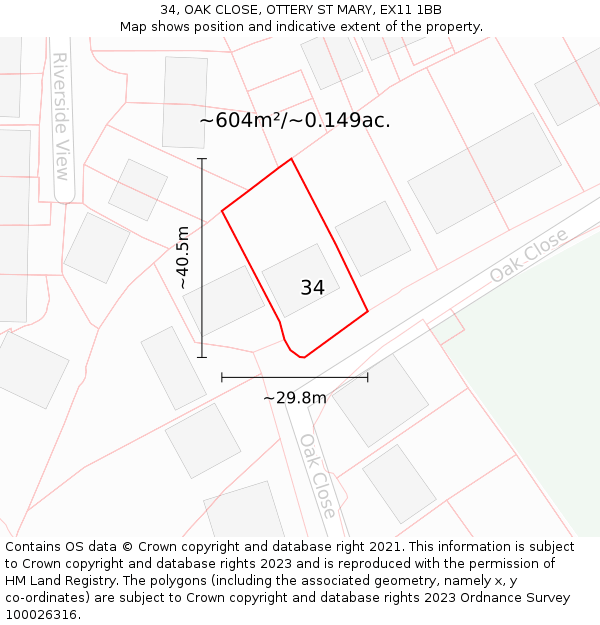 34, OAK CLOSE, OTTERY ST MARY, EX11 1BB: Plot and title map