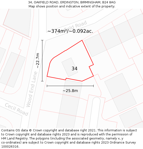 34, OAKFIELD ROAD, ERDINGTON, BIRMINGHAM, B24 8AG: Plot and title map