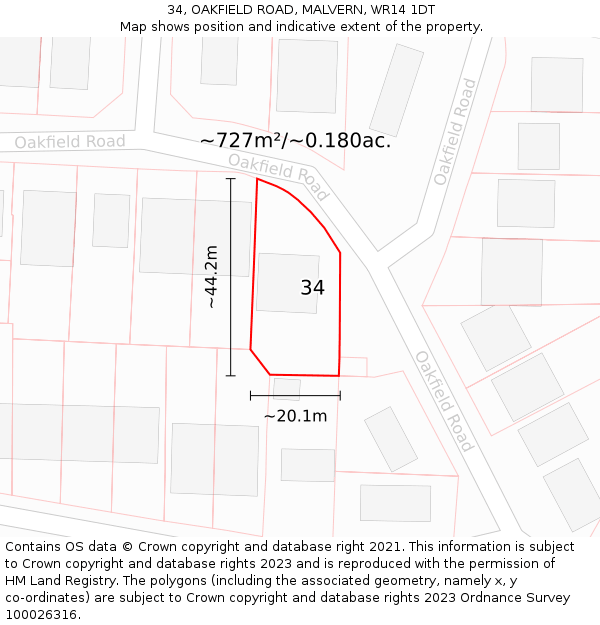 34, OAKFIELD ROAD, MALVERN, WR14 1DT: Plot and title map