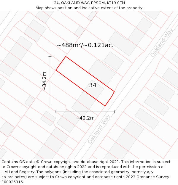 34, OAKLAND WAY, EPSOM, KT19 0EN: Plot and title map