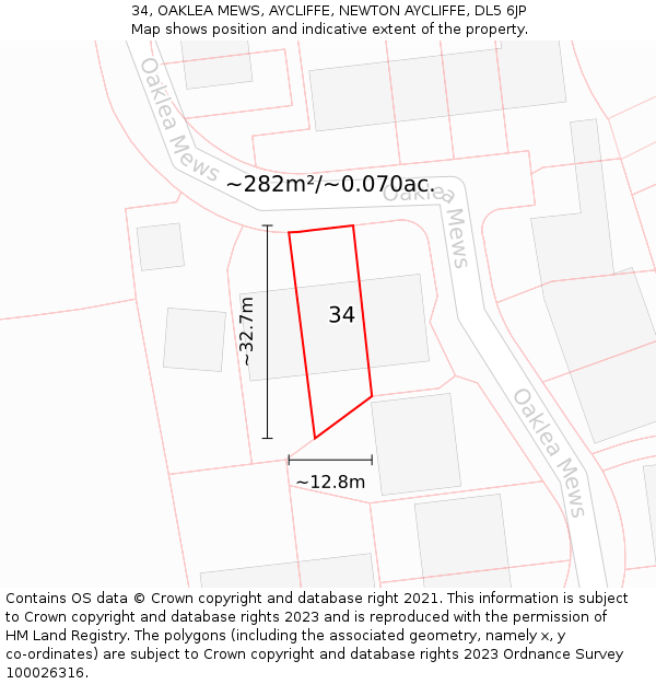 34, OAKLEA MEWS, AYCLIFFE, NEWTON AYCLIFFE, DL5 6JP: Plot and title map