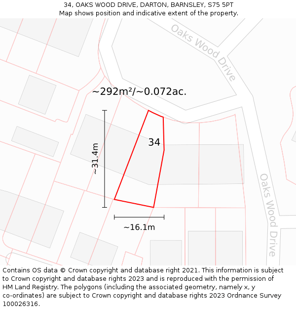 34, OAKS WOOD DRIVE, DARTON, BARNSLEY, S75 5PT: Plot and title map