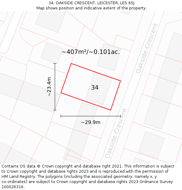 34, OAKSIDE CRESCENT, LEICESTER, LE5 6SJ: Plot and title map