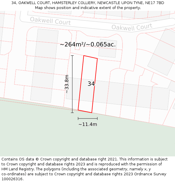 34, OAKWELL COURT, HAMSTERLEY COLLIERY, NEWCASTLE UPON TYNE, NE17 7BD: Plot and title map