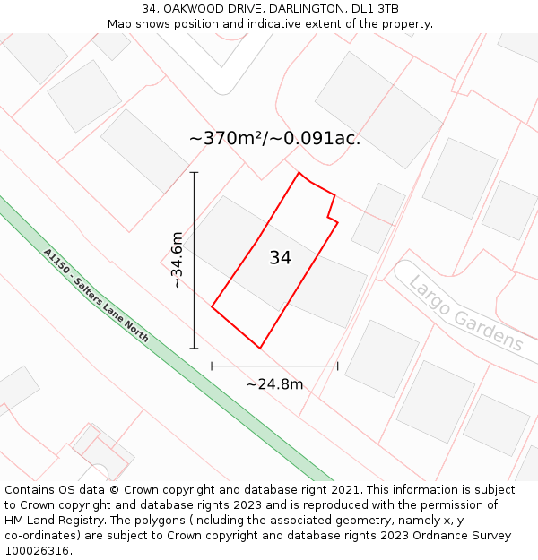 34, OAKWOOD DRIVE, DARLINGTON, DL1 3TB: Plot and title map