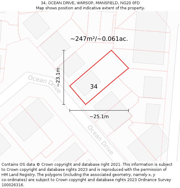 34, OCEAN DRIVE, WARSOP, MANSFIELD, NG20 0FD: Plot and title map