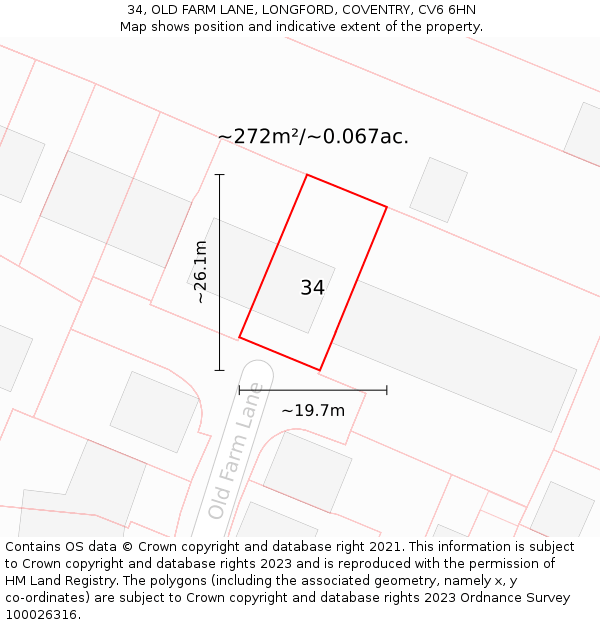 34, OLD FARM LANE, LONGFORD, COVENTRY, CV6 6HN: Plot and title map