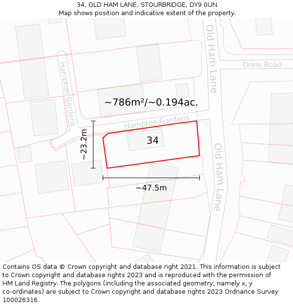 34, OLD HAM LANE, STOURBRIDGE, DY9 0UN: Plot and title map