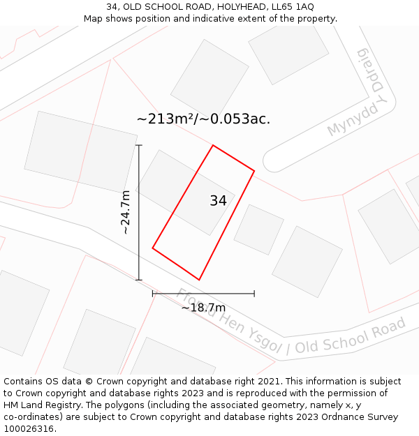 34, OLD SCHOOL ROAD, HOLYHEAD, LL65 1AQ: Plot and title map