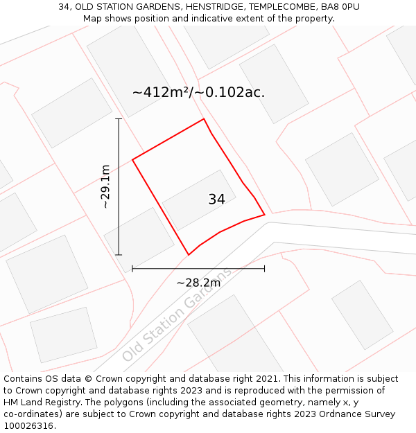 34, OLD STATION GARDENS, HENSTRIDGE, TEMPLECOMBE, BA8 0PU: Plot and title map