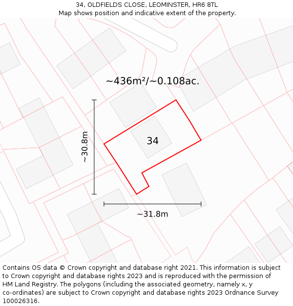 34, OLDFIELDS CLOSE, LEOMINSTER, HR6 8TL: Plot and title map