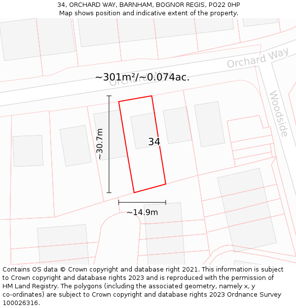 34, ORCHARD WAY, BARNHAM, BOGNOR REGIS, PO22 0HP: Plot and title map