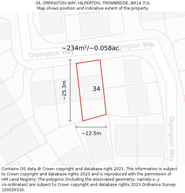 34, ORPINGTON WAY, HILPERTON, TROWBRIDGE, BA14 7UL: Plot and title map