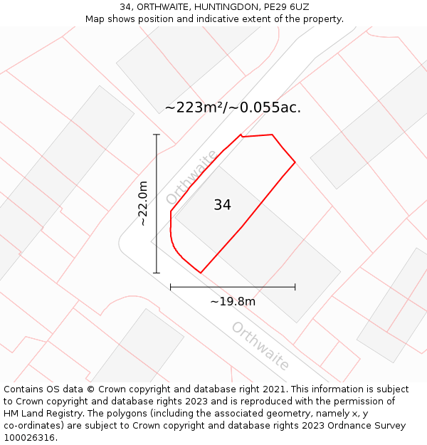 34, ORTHWAITE, HUNTINGDON, PE29 6UZ: Plot and title map