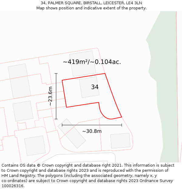 34, PALMER SQUARE, BIRSTALL, LEICESTER, LE4 3LN: Plot and title map