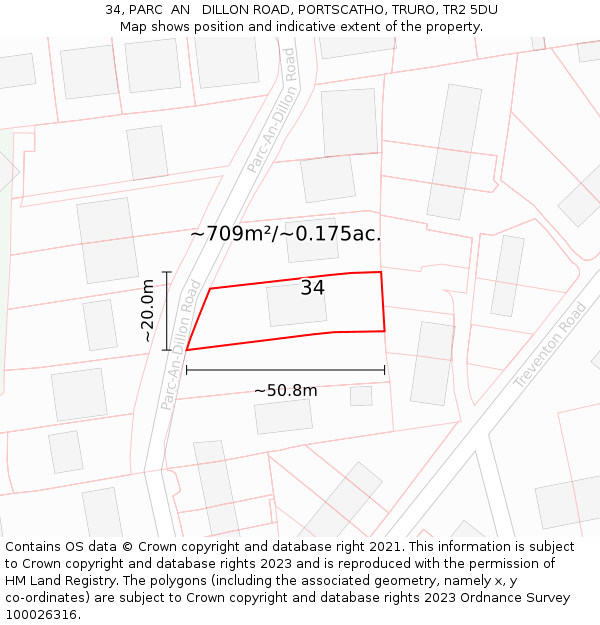 34, PARC  AN   DILLON ROAD, PORTSCATHO, TRURO, TR2 5DU: Plot and title map