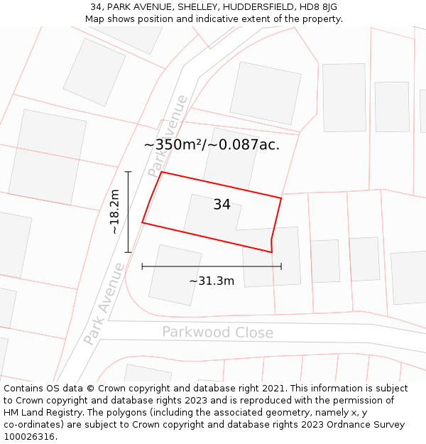 34, PARK AVENUE, SHELLEY, HUDDERSFIELD, HD8 8JG: Plot and title map