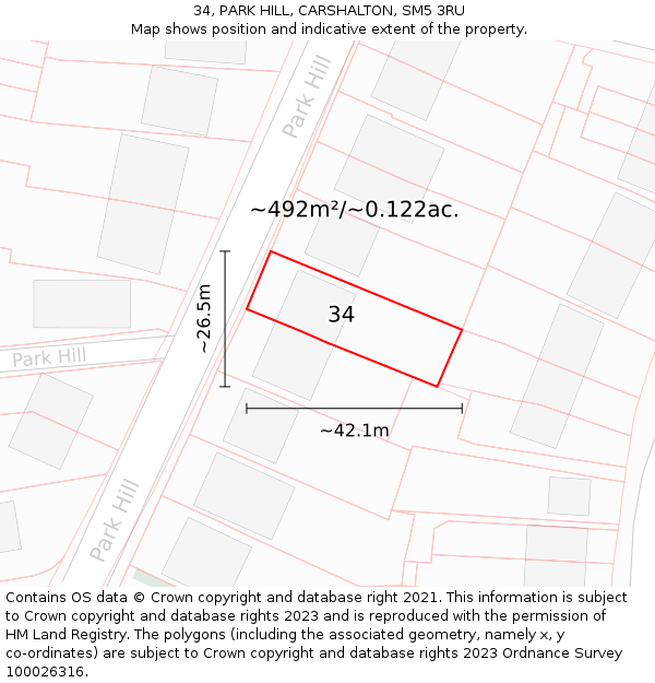 34, PARK HILL, CARSHALTON, SM5 3RU: Plot and title map