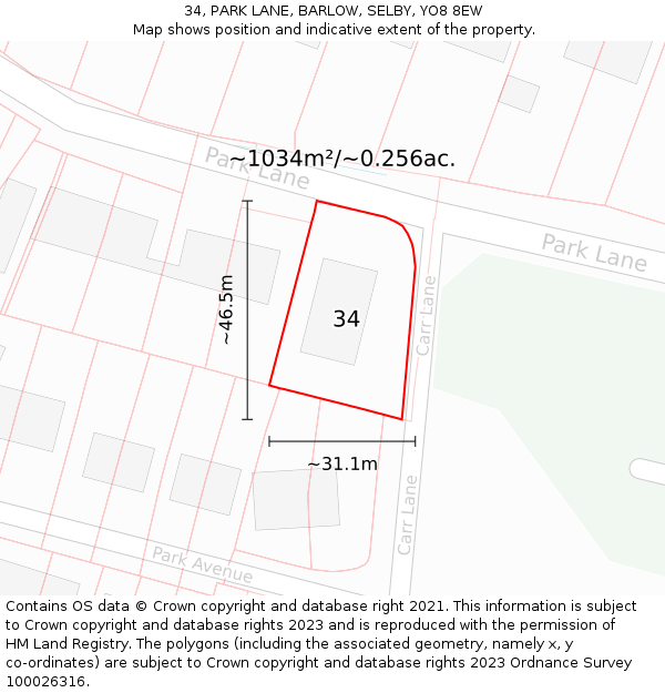 34, PARK LANE, BARLOW, SELBY, YO8 8EW: Plot and title map