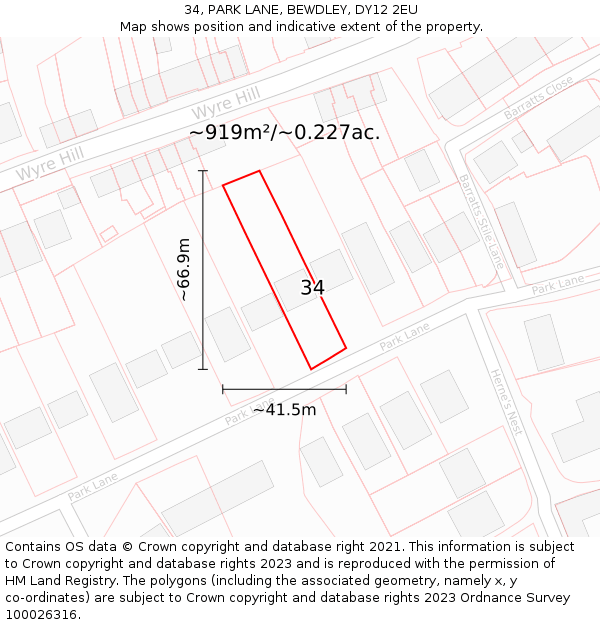 34, PARK LANE, BEWDLEY, DY12 2EU: Plot and title map