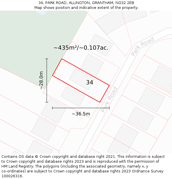 34, PARK ROAD, ALLINGTON, GRANTHAM, NG32 2EB: Plot and title map