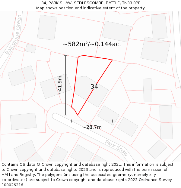 34, PARK SHAW, SEDLESCOMBE, BATTLE, TN33 0PP: Plot and title map