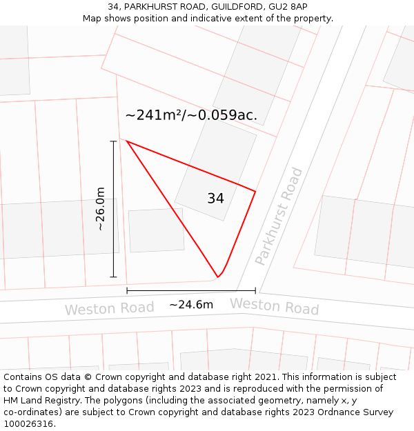 34, PARKHURST ROAD, GUILDFORD, GU2 8AP: Plot and title map