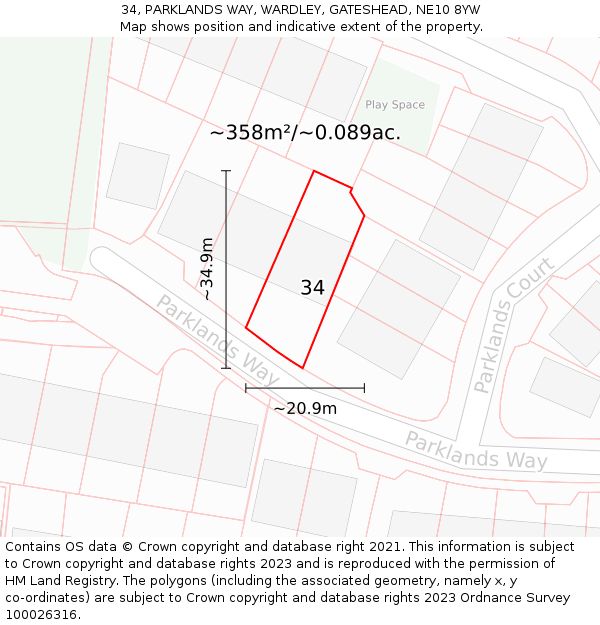 34, PARKLANDS WAY, WARDLEY, GATESHEAD, NE10 8YW: Plot and title map