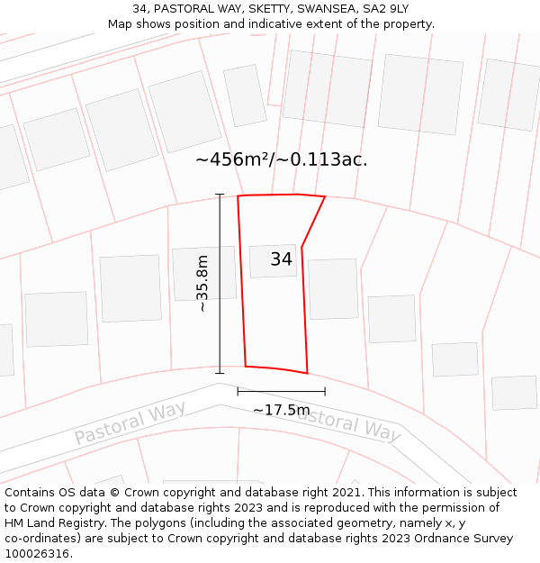 34, PASTORAL WAY, SKETTY, SWANSEA, SA2 9LY: Plot and title map