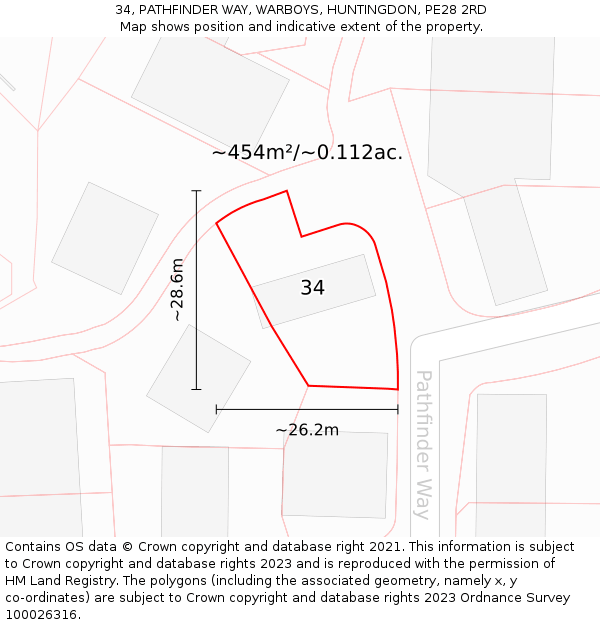34, PATHFINDER WAY, WARBOYS, HUNTINGDON, PE28 2RD: Plot and title map