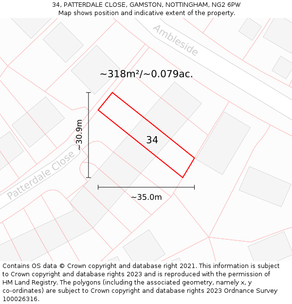 34, PATTERDALE CLOSE, GAMSTON, NOTTINGHAM, NG2 6PW: Plot and title map
